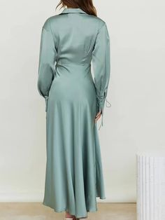 Tavimart Tie Up Satin Dress Women Elegant Lapel Split Long Sleeve Wrap Robe Autumn Fashion High Waist Banquet Party Dress Spring Green Long Sleeve Formal Dress, Green Long Sleeve Dress For Spring Formal, Green Long Sleeve Formal Dress For Spring, Maxi Dress Satin, Mint Green Prom Dress, Blanket Dress, Dress Shirt Dress, Midi Dress Fall, Satin Shirt Dress