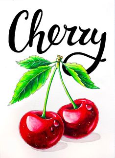 a painting of two cherries with the word cherry on it