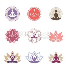 a set of nine yoga symbols with lotuses