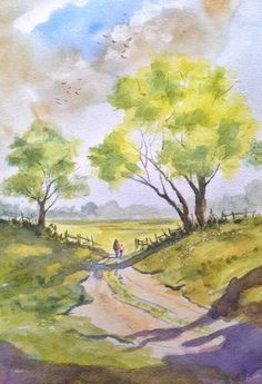 watercolor painting of two people walking down a country road with trees on either side