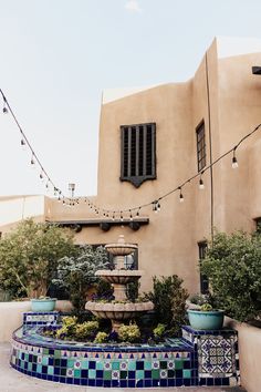 an outdoor fountain surrounded by potted plants in front of a building with lights strung over it