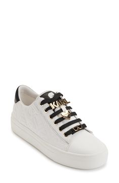 A low profile adds to the casualness of an everyday sneaker topped with polished charms that add the brand's swag. Lace-up style Rubber and leather upper/textile lining/rubber sole Imported Top Sneakers Women, Jet Setter, Karl Lagerfeld Paris, Luxe Gifts, Up Styles, Gifts For Teens, Girls Shopping, Karl Lagerfeld, Bright White