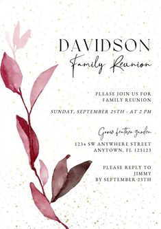 a white and red wedding reception card with leaves on the front, in watercolor