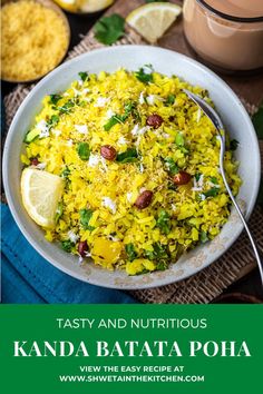 a white bowl filled with yellow rice and garnished with nuts