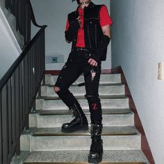 Alt Punk Outfits Men, Red And Black Punk Outfits Men, Red And Black Kpop Outfit Male, Punk Goth Male Outfit, Red Grunge Outfit Aesthetic, Casual Alternative Outfits Men, Red Emo Outfits Male, Red And Black Male Outfits, Red Grunge Outfit Men