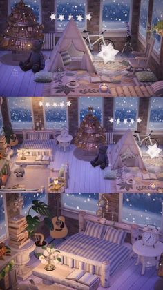 a room filled with lots of furniture and stars on the ceiling above it is a snow covered roof