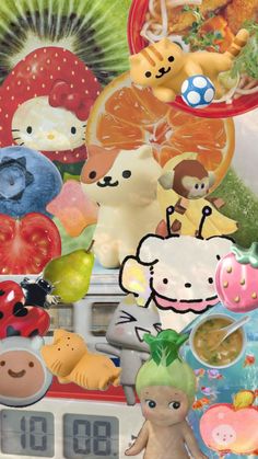 a collage of various foods and animals on top of each other in front of a clock