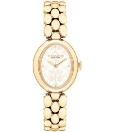 COACH Women's Sammy Quartz Analog Gold Tone Stainless Steel Bracelet Watch | Dillard's Cute Gold Watch, White Metal Watches With Metal Dial, White Metal Watch With Metal Dial, Women Watch Aesthetic, Coach Jewelry With Diamond Hour Markers, Women’s Gold Watch, Gold Wrist Watch, Golf Watch