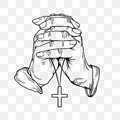 two hands holding a cross with one hand in the air, on a transparent background