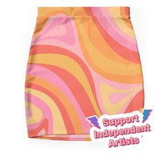 Super stretchy and durable polyester mini skirt. Vibrant, high-quality sublimation print across the front and back. Size range XXS-2XL. New Groove Retro Swirl Abstract Pattern in Pink, Orange, and Yellow Tones. Cool, trippy, colourful multi-color design with a 60s 70s 80s 90s y2k modern contemporary new boho psychedelic preppy art aesthetic. Groovy. By Kierkegaard Design Studio. Retro Mini Skirt With Stretch, Fitted Retro Style Mini Skirt, Fitted Graphic Print Mini Skirt For Summer, Trendy Fitted Printed Skirt, Fitted Mini Skirt With Graphic Print, Fitted Mini Skirt With Print, Printed Fitted Mini Skirt, Fitted Printed Mini Skirt, Retro Multicolor Fitted Mini Skirt