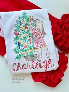 Girls Vintage Christmas Tree shirt or bodysuit - Darling Little Bow Shop White Shirt Bodysuit, Vintage Style Embroidery, Girls Christmas Shirts, Newborn Bodysuit, Bodysuit Shirt, Christmas Applique, Christmas Tree Shirt, Bow Shop, Star Embroidery