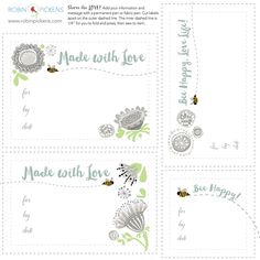 four cards with flowers and bees on them, one has the words made with love