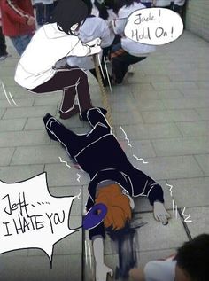 a man laying on the ground in front of a group of people with speech bubbles above his head