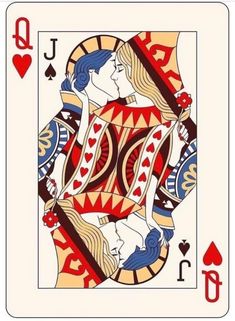 the queen of hearts playing card is shown in red, white and blue colors with two women facing each other