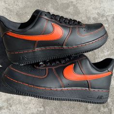 Orange stitched custom on an authentic black AF1. Sizing Details Air Force 1's run big, so we recommend customers choose a half size smaller than their usual size. **Sizes listed are Men sizes, equivalent women sizes can be seen in size chart on the last slide** Customizable Black Sneakers With Round Toe, Black Nike Air Force 1 Fade-resistant For Streetwear, Black Custom Sneakers With Round Toe, Custom Black Sneakers With Round Toe, Custom Black Low-top Sneakers, Custom Black Round Toe Sneakers, Customizable Black Low-top Sneakers, Customizable Low-top Black Sneakers, Fitted Sneakers For Streetwear With Round Toe