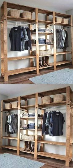 two pictures of clothes hanging on wooden shelves