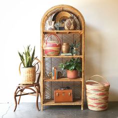 a wicker shelf with baskets and plants on it