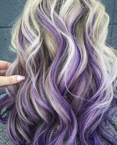 Platinum Blonde Hair Purple Highlights, Purple Balayage On Blonde Hair, Dark Purple On Blonde Hair, Light Blonde With Purple Highlights, Dark Purple And Blonde Hair Highlights, Purple And Blonde Bayalage Hair, Purple Dye On Blonde Hair, Blonde With Purple Balayage