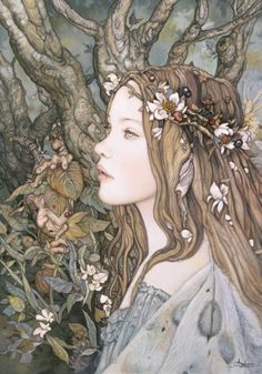 a painting of a woman with long hair and flowers in her hair, surrounded by trees