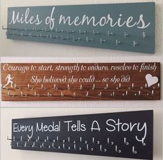 three wooden signs that say rules of memories, every medal tells a story and every medal tells a story