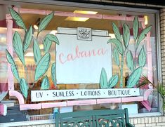 Tropical store window painting Boutique Window Painting Ideas, Boutique Window Painting, Store Window Painting, Painting Windows, Tropical Windows, Window Paint, Kids Cafe, Chalkboard Lettering