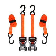 two orange tow straps with black handles and hooks on each side, one is holding the other