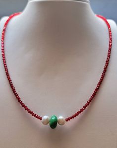 Red Crystals, Freshwater Pearls, Apple Green Turquoise, and sterling silver hook and eye by Veronica Yellowhorse Navajo 18 inches Handmade Red Rondelle Jewelry, Hook And Eye, Red Crystals, Apple Green, Green Turquoise, Crystal Necklace, Fresh Water, Freshwater Pearls, Jewelry Necklaces