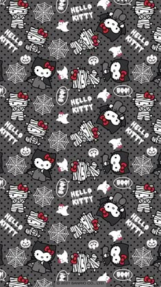 a black and white pattern with hello kitty characters on the front, red polka dots in the back