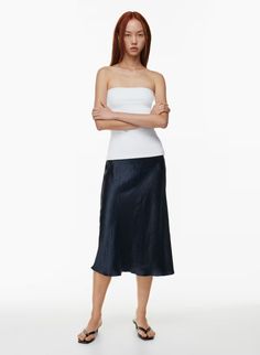 SLIP SATIN MIDI SKIRT | Aritzia Silk Midi Dress For Party, Sleek Silk Summer Skirt, Relaxed Bias Cut Skirt For Night Out, Summer Satin Skirt For Date Night, Night Out Bias Cut Relaxed Skirt, Summer Date Night Satin Skirt, Chic Bias Cut Midi Skirt, Sleek Bias Cut Skirt For Night Out, Sleek Bias-cut Relaxed Skirt