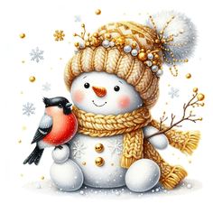 a snowman with a bird on it's arm and wearing a knitted hat