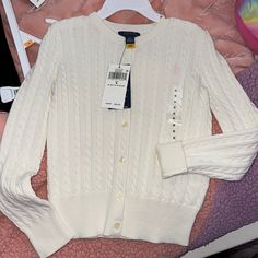 Polo Ralph Lauren - Toddler Cardigan - Cream Color - Size: 6 -7 - Excellent Condition White Long Sleeve Sweater For School, Winter School Fitted Sweater, Fitted Winter Sweater For School, White Winter Sweater For School, White Cotton Cable Knit Cardigan, White Winter Cardigan For School, Preppy White Cardigan For Fall, Preppy White Winter Cardigan, White Preppy Cardigan For Winter