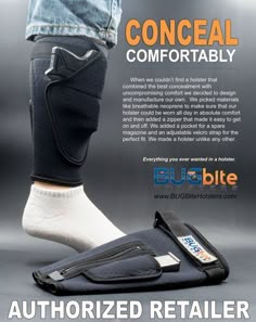 an advertisement for the blue bite shoe company with a man's foot in jeans and socks