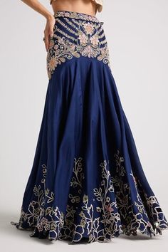 Indigo chanderi lehenga featuring floral, cords and beaded embroidery, Fit: Relaxed Chanderi Lehenga, Lehenga Skirts, Lehenga For Women, Floral Lehenga, Skirts Blue, Lehenga Skirt, Aza Fashion, Beaded Embroidery, Blue Floral