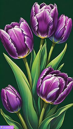 a painting of purple flowers with green leaves on a black background, in the center is an image of three tulips