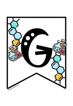 the letter g is surrounded by small objects and hexagonal shapes in black and white