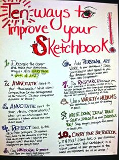 a whiteboard with writing on it that says ten ways to improve your sketchbook