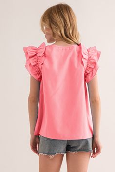 It features smocked detailing, which refers to a technique where fabric is gathered and stitched in a stretchy and elastic manner. The smocked sections of the blouse create a fitted and textured appearance, adding visual interest and enhancing the overall design. The relaxed fit makes it suitable for various body types and can be easily paired with different bottoms for versatile styling options. The blouse is a versatile piece that can be dressed up or down. It can be paired with tailored pants Pink Stretch Blouse With Ruffles, Stretch Pink Blouse With Ruffles, Pink Ruffle Top With Flutter Sleeves, Stretch Puff Sleeve Blouse With Ruffles, Feminine Smocked Top With Ruffles For Spring, Pink Tops With Smocked Back And Ruffled Straps, Pink Stretch Top With Ruffle Sleeves, Pink Smocked Top With Ruffle Hem For Spring, Pink Smocked Top With Ruffles For Spring