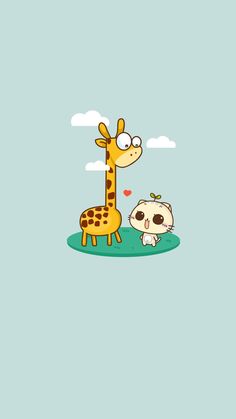 a cartoon giraffe standing next to a small dog on top of a field