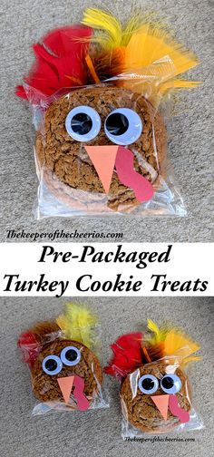 turkey cookie treats are packaged in plastic bags with googly eyes and feathers on them