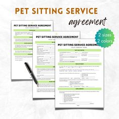 the pet sitting service agreement is shown in three different sizes and colors, including one for each