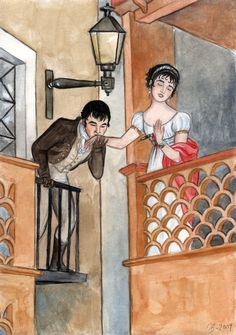 a painting of two people on a balcony