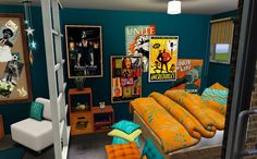 the bedroom is decorated in teal, orange and turquoise colors with posters on the wall