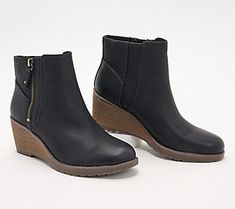 This cool ankle boot will be your go-to style this fall. The outside zipper makes for easy on/off wear and the stacked wedge heel provides all-day comfort and walkability. From Dr. Scholl's. Casual Wedge Boots With Stacked Heel For Fall, Casual Wedge Ankle Boots With Stacked Heel, Casual Wedge Boots With Zipper Closure And Round Toe, Casual Wedge Boots With Zipper Closure, Fall Ankle Wedge Boots With Zipper Closure, Black Honey, Dr. Scholl's, On Off, Wedge Heels