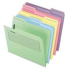 file folders stacked on top of each other with different colored papers in front of them