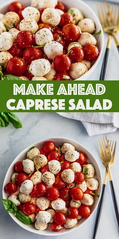 two bowls filled with mozzarella and cherry tomatoes on top of a white table