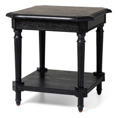 a black end table with an open drawer on the bottom and one shelf below it