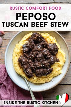 red wine beef stew in a bowl with mashed potatoes