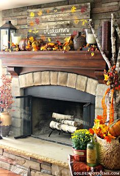 an autumn fireplace with fall decorations on it and the words, easy fall sign tutorial