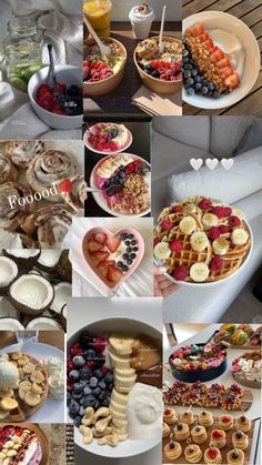 a collage of pictures with different foods and desserts on it's sides