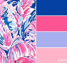 the color scheme is pink, blue and white with an image of leaves on it